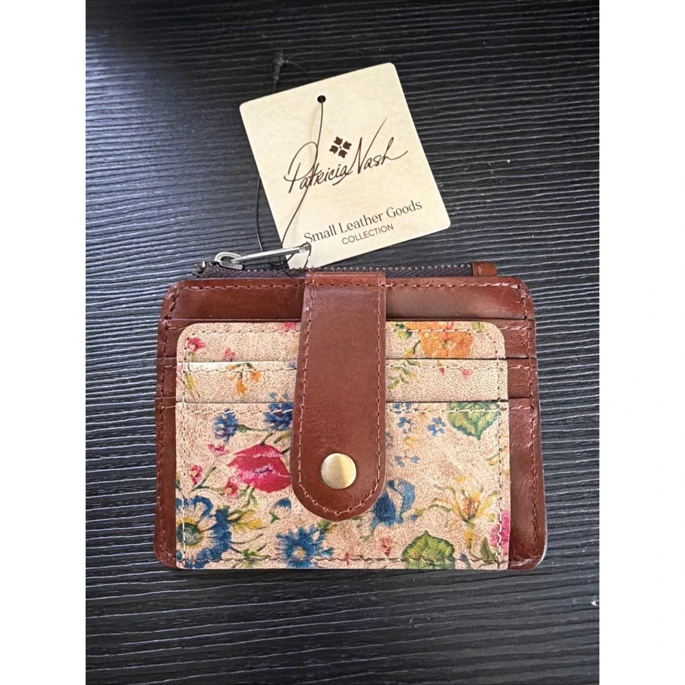 Patricia Nash Floral Leather Card Case Wallet Cognac Brown Zip Coin Pouch NWT